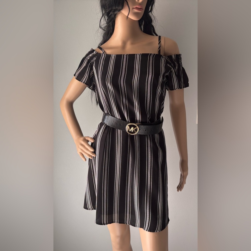 Candie's black & white striped off the shoulder dress above knee Fully lined XS